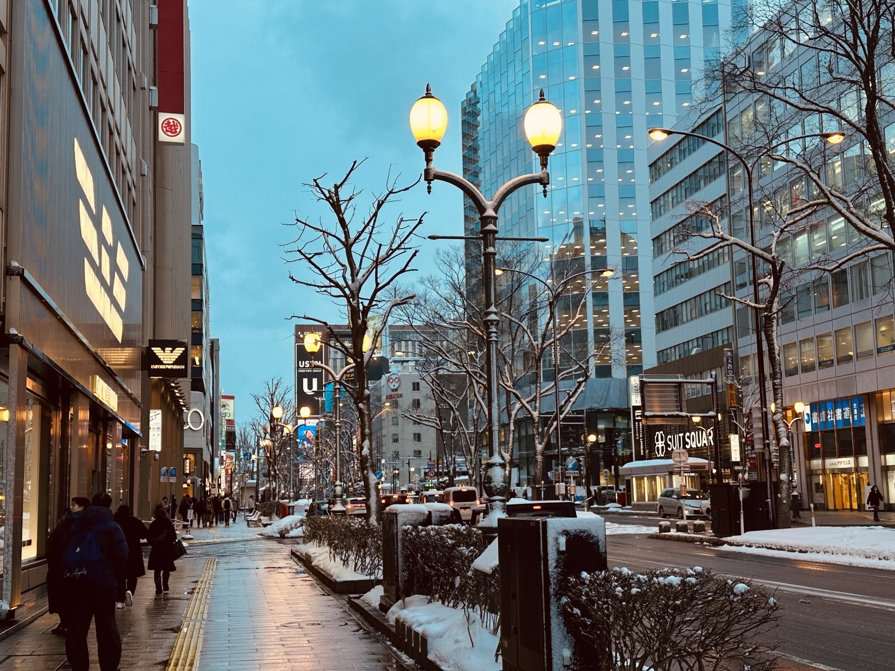 Sapporo street glowing after snow